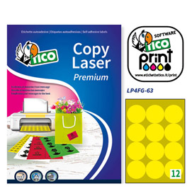 Etichetta adesiva LP4F giallo fluo 70fg A4 tonda D63,5mm (12et/fg) Tico