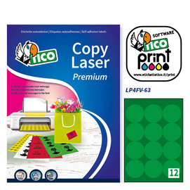 Etichetta adesiva LP4F verde fluo 70fg A4 tonda D63,5mm (12et/fg) Tico