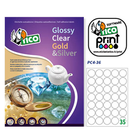 Poliestere adesivo PC4 trasparente 100fg A4 D36mm (35et/fg) laser Tico