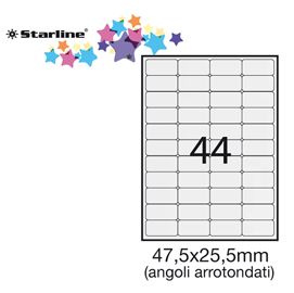 Etichetta adesiva bianca 100fg A4 47,5x25,5mm (44et/fg) angoli tondi STARLINE